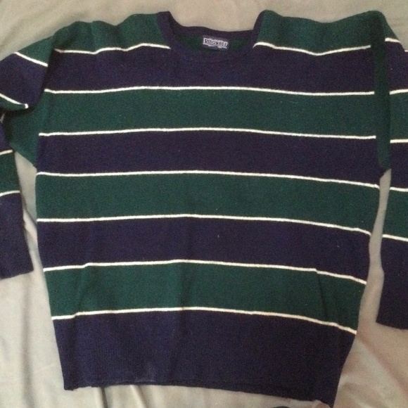 LandsEnd 100% English Wool Navy sweater with green horizontal stripes - Picture 1 of 5